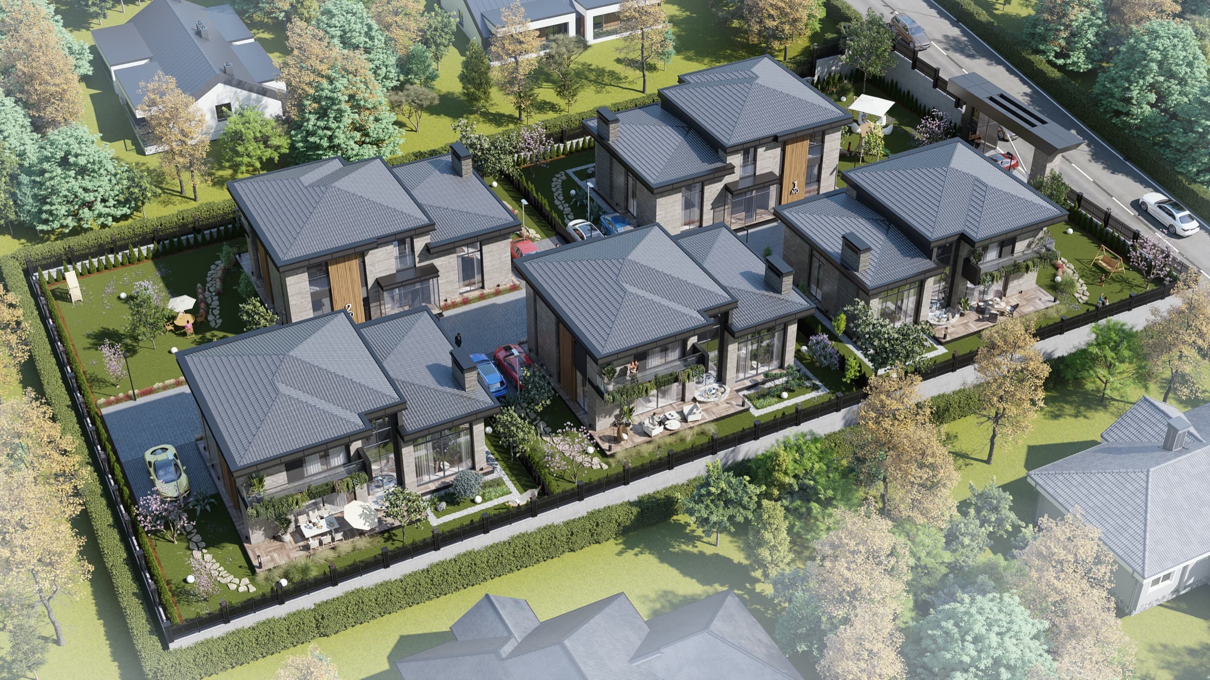 Ramars Karacakaya sitesinin kuş bakışı yerleşim planı ve peyzajlı bahçeleri